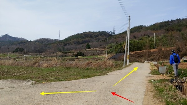 갈림길로 올라오자마자 방향표식이 사라져 보이지 않는다.